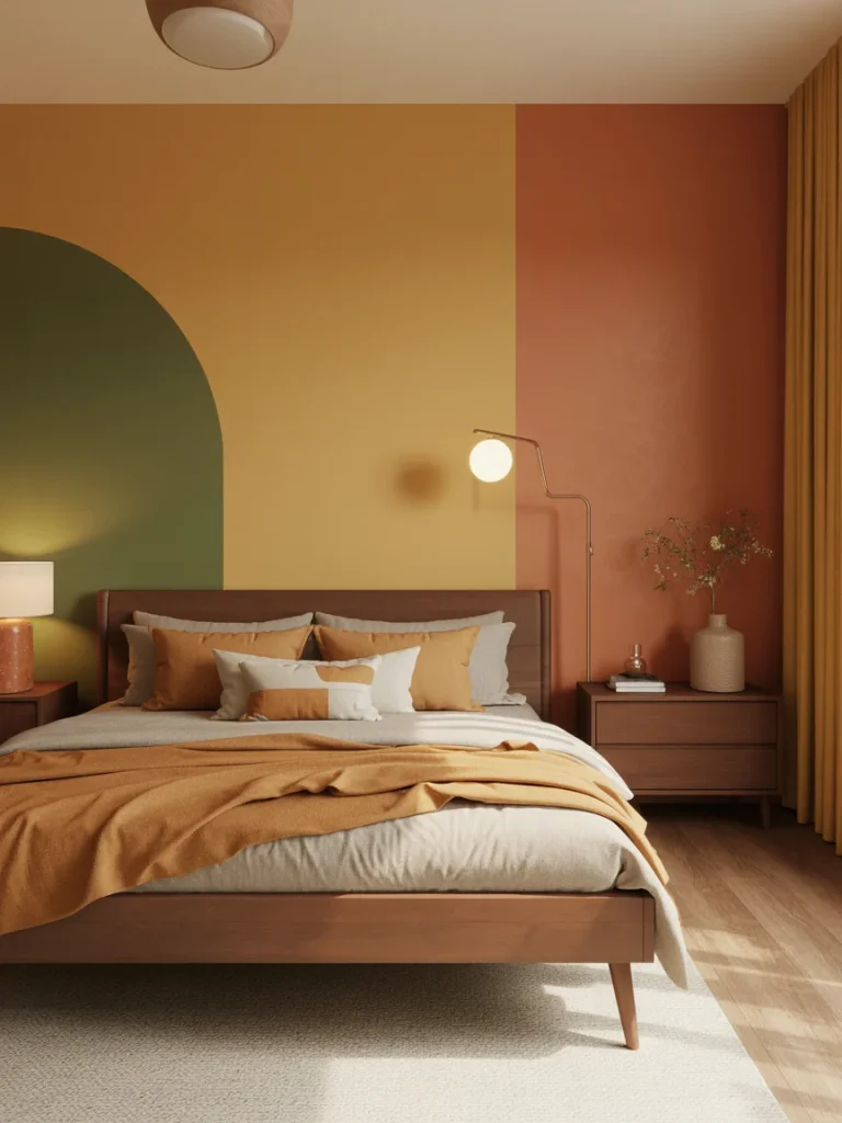 A warm mid-century modern bedroom featuring earthy tones of mustard yellow, terracotta, and olive green with wooden furniture and cozy bedding.