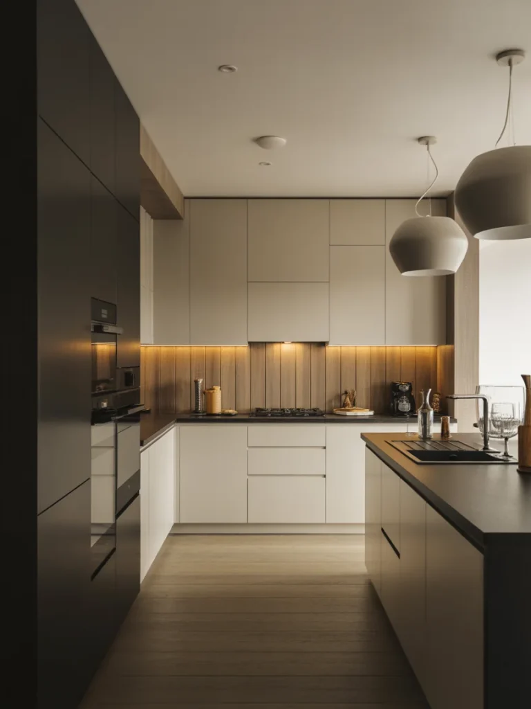 Modern kitchen with warm neutral tones, wood backsplash, and soft ambient lighting.