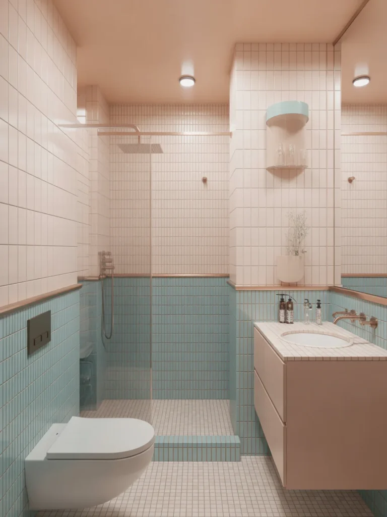 Modern small bathroom with light beige and soft aqua tiles, walk-in shower, and floating vanity that enhance spaciousness.