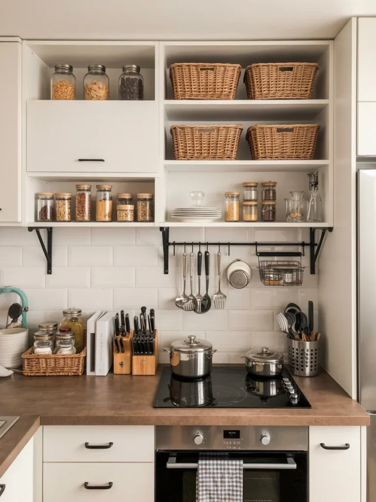 Organized modern kitchen with open shelves, wicker baskets, and neatly arranged utensils combining beauty and practicality.