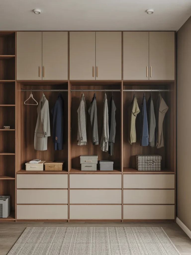 Modern built-in wardrobe with hanging space, upper cabinets, and drawers in a warm wood and beige finish.