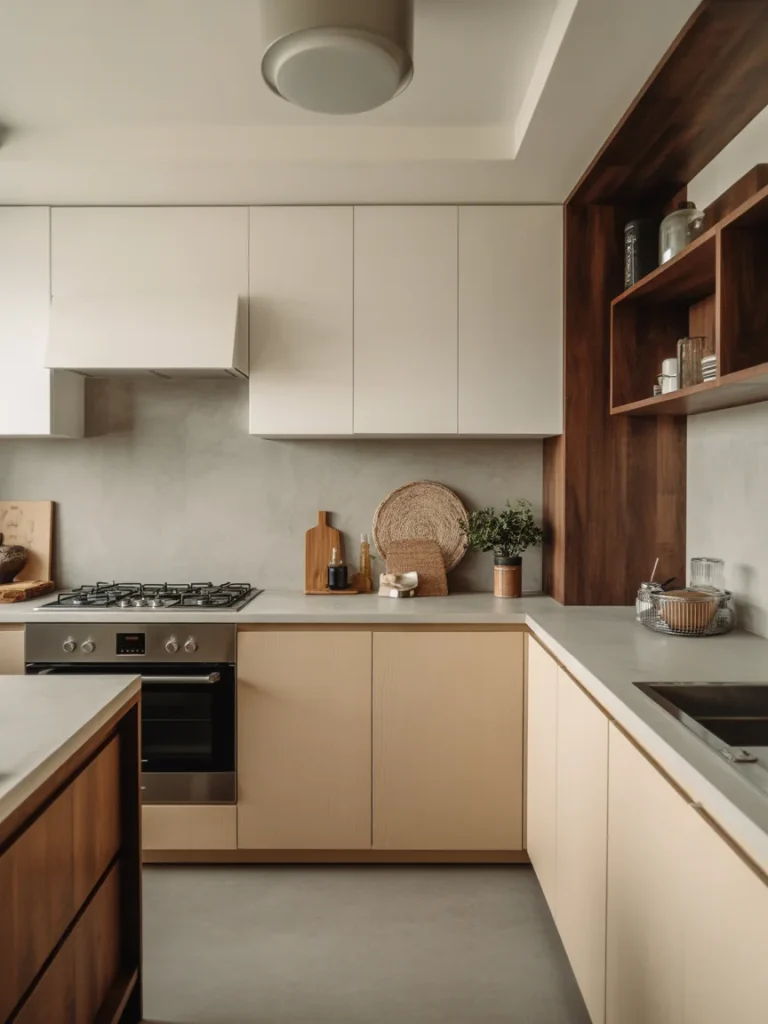 Contemporary kitchen blending modern design with warm wood accents and minimalist cabinetry.