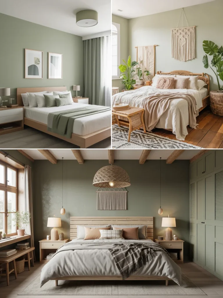 Collage of sage green bedrooms showcasing modern, boho, and farmhouse styles with cozy textures and natural decor.