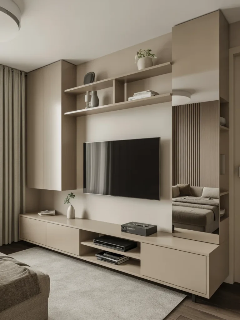 Compact modern TV wall with beige cabinetry, open shelving, and sleek minimalist design for small living rooms.