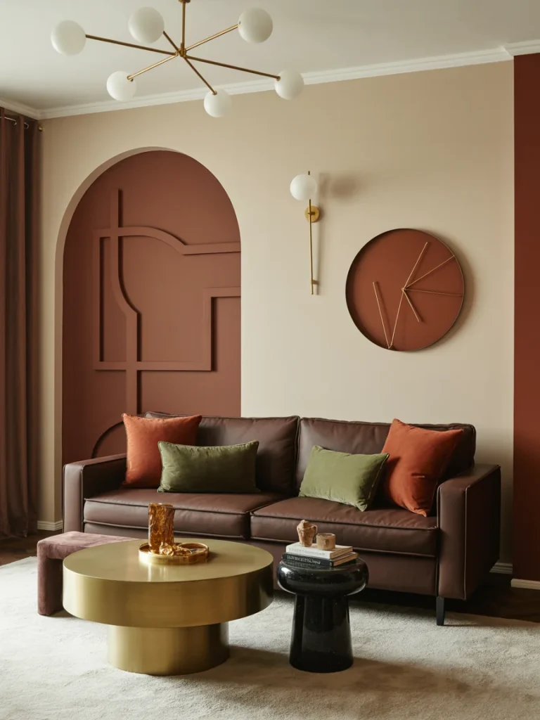 Modern brown living room with terracotta accents, olive green pillows, and gold decor for a warm and balanced color palette.