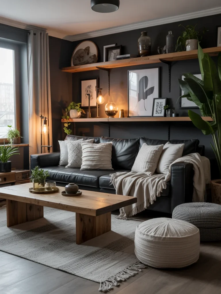 Cozy black and grey living room with warm lighting, wooden accents, and layered neutral textures.