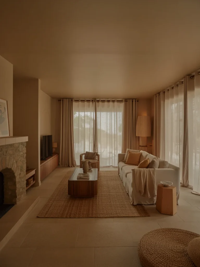 Warm and cozy open concept living room with neutral tones, natural textures, and soft layered lighting