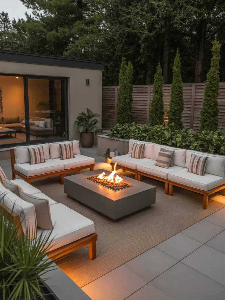 Modern outdoor patio with sectional seating arranged around a fire pit, creating a cozy and private gathering space.
