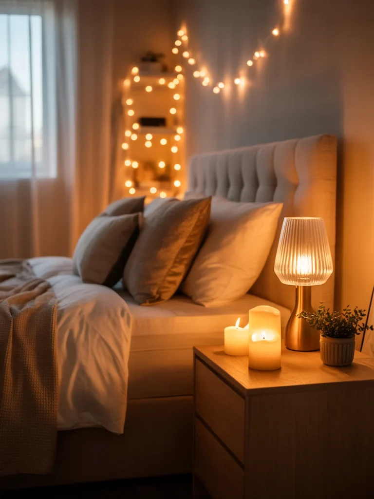 Cozy bedroom with warm ambient lighting, featuring glowing candles, string lights, and a soft bedside lamp creating a relaxing evening atmosphere.