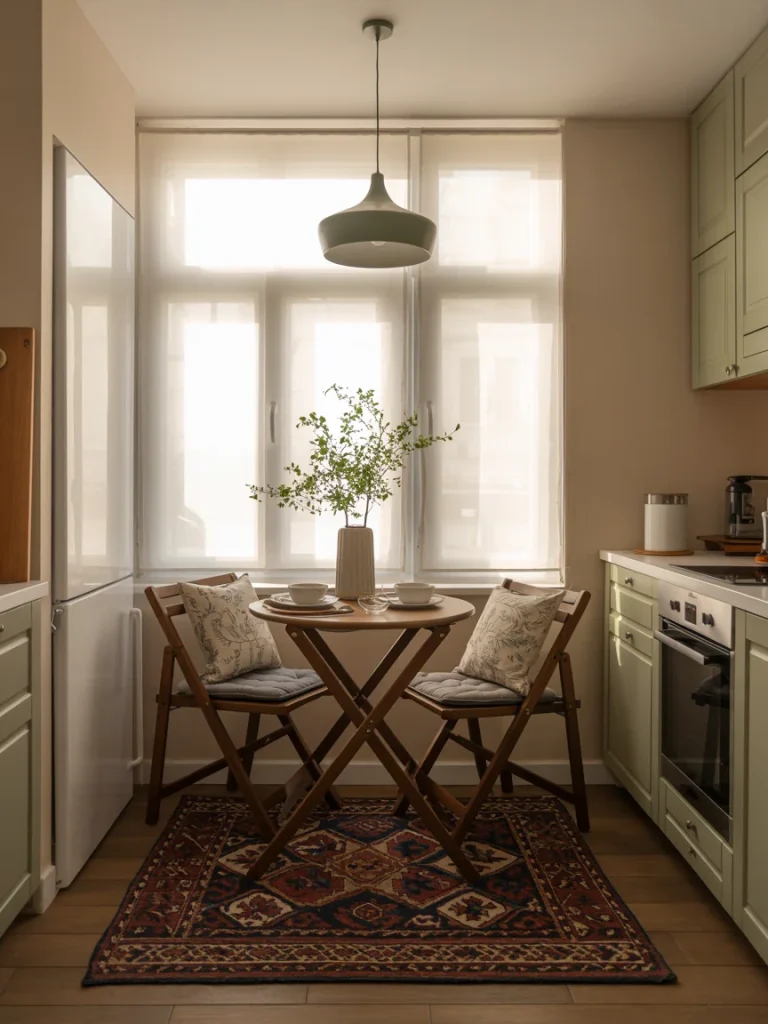 Small apartment kitchen with a wooden bistro table, cushioned chairs, and a patterned rug creating a cozy dining nook by the window.