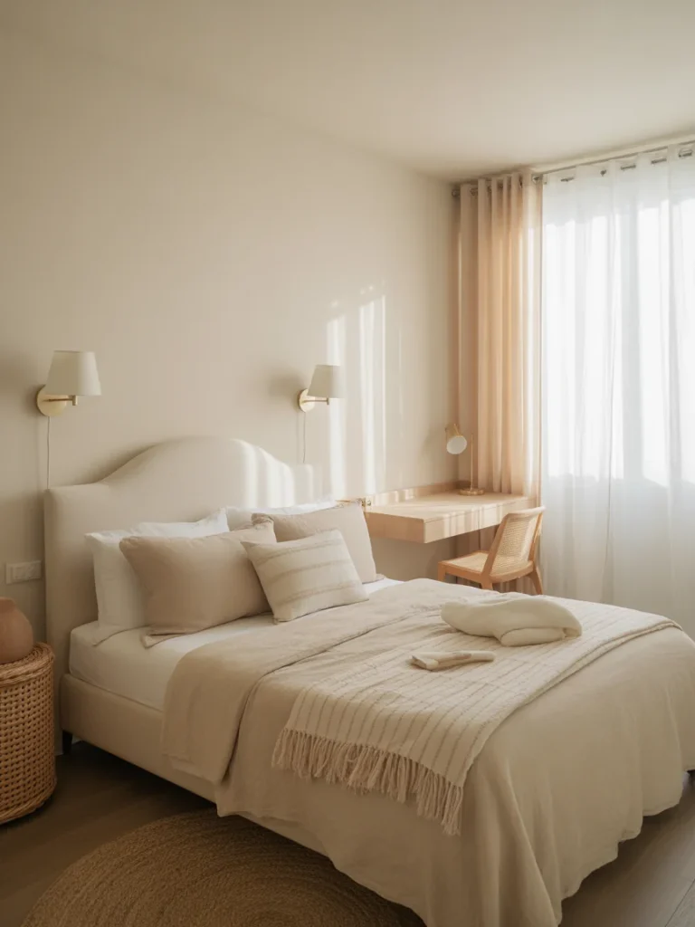 Bright bedroom with natural light, soft beige tones, and a cozy minimalist design.
