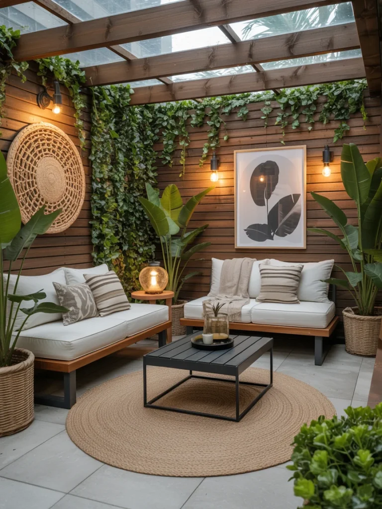 Cozy outdoor patio with wooden walls, greenery, woven decor, and neutral seating creating a personalized relaxing retreat.