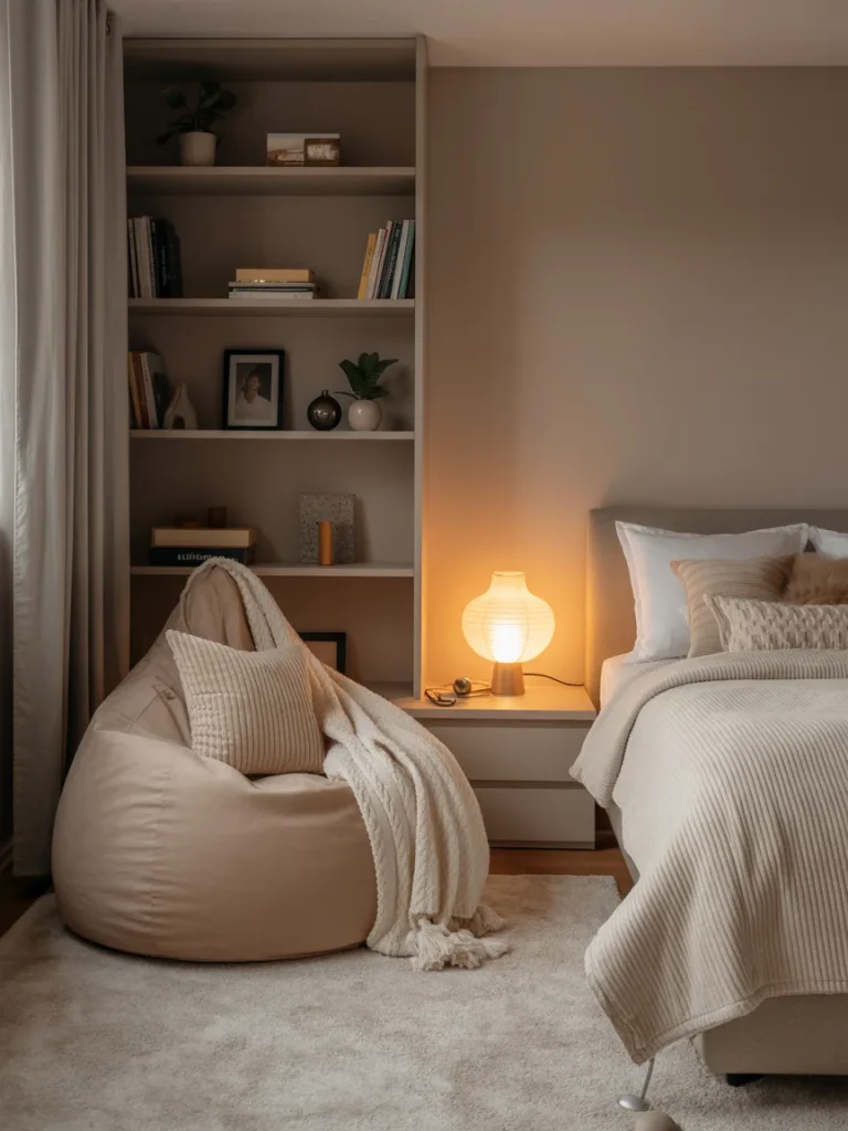 Cozy student bedroom with a soft beige beanbag chair, warm lighting, and neutral decor creating a calm relaxation corner.