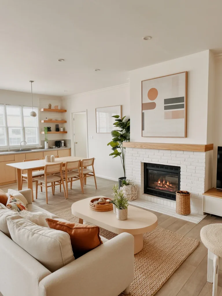 Open concept living room with a cozy fireplace, modern artwork, and neutral-toned furniture creating a warm focal point.