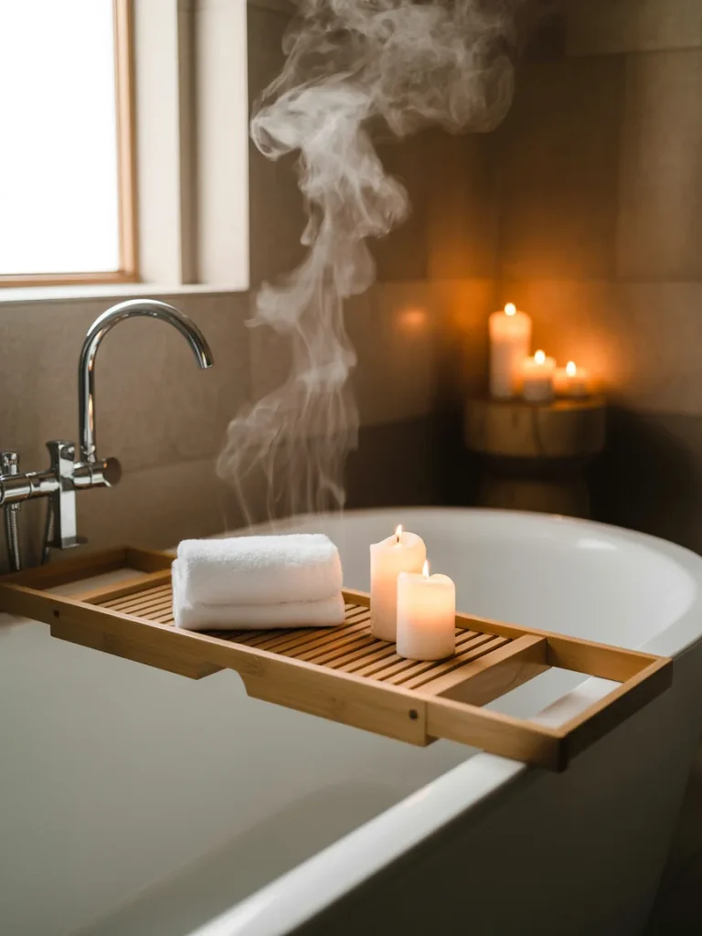 Spa-inspired minimalist bathroom with steaming bathtub, candles, and bamboo tray.
