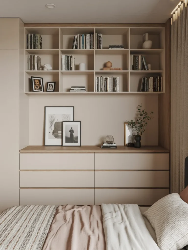 Modern custom built-in dresser with open shelving and decorative accents in a cozy bedroom.