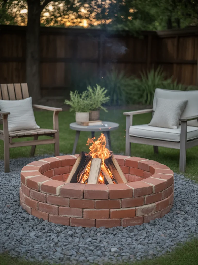 DIY brick fire pit surrounded by gravel and outdoor chairs in a cozy backyard setting.