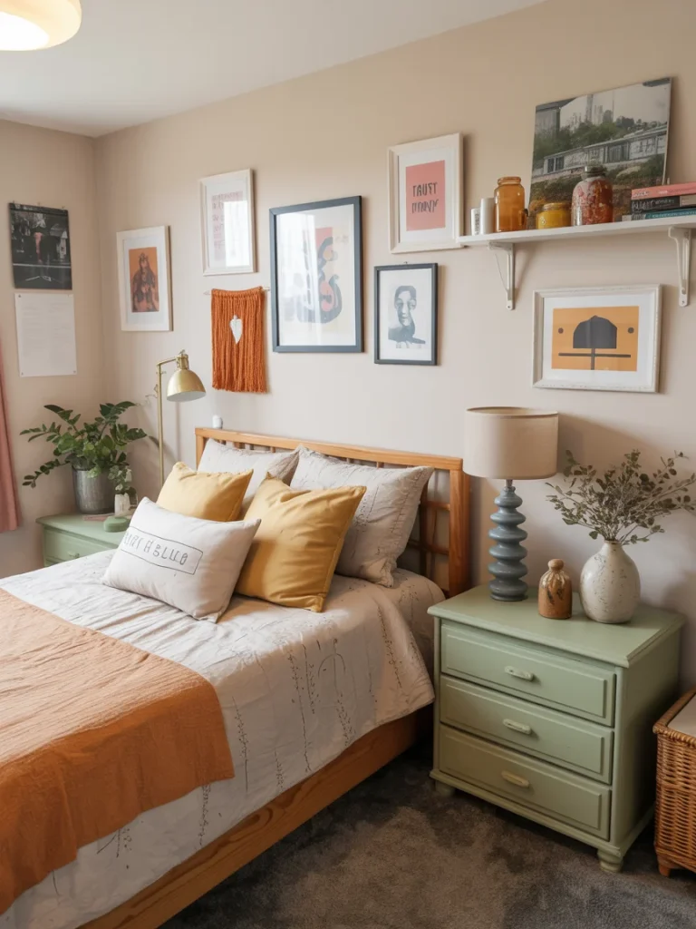 Warm and cozy student bedroom featuring budget-friendly DIY decor with framed art, handmade wall hangings, and thrifted furniture.