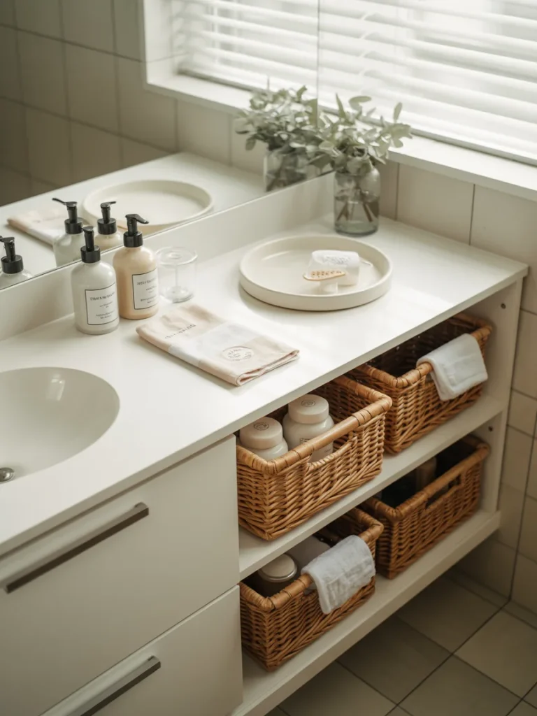 Organized minimalist bathroom vanity with woven baskets, simple decor, and neutral color tones.