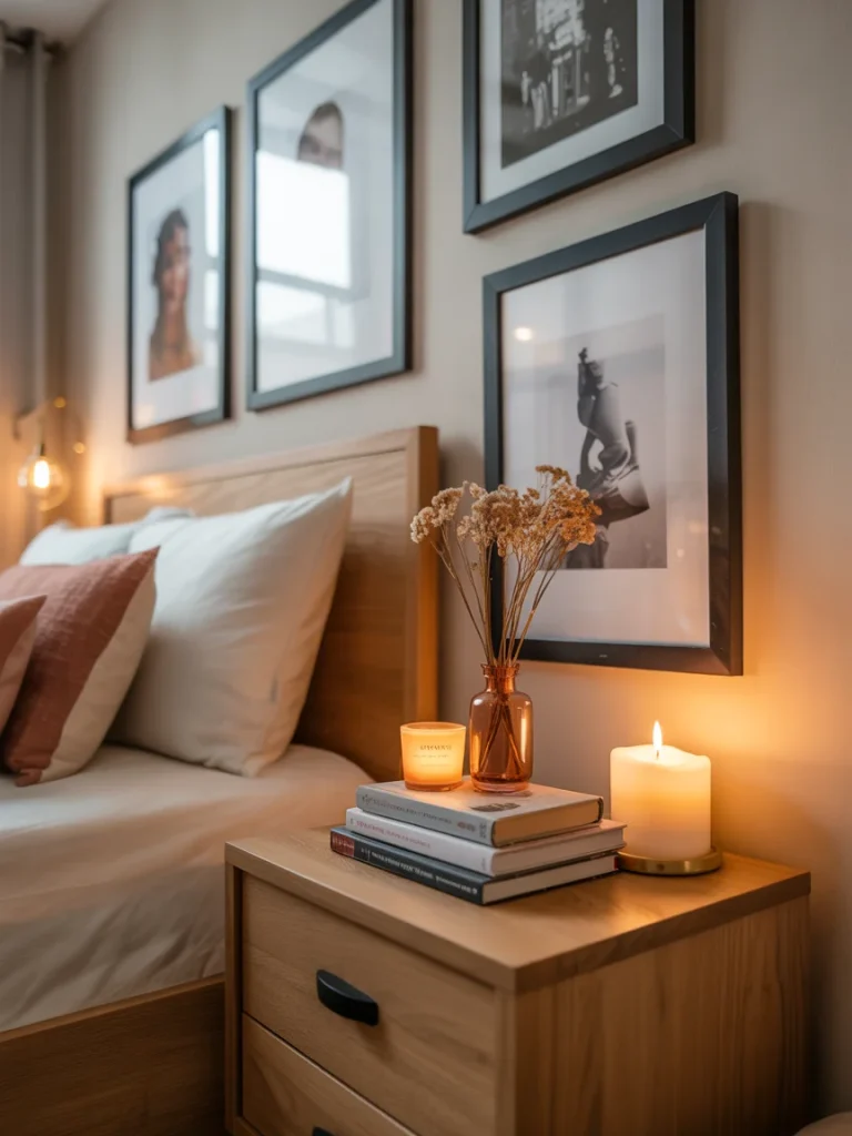 Cozy bedroom corner with framed wall art, stacked books, candles, and soft lighting that adds a personal and inviting touch.