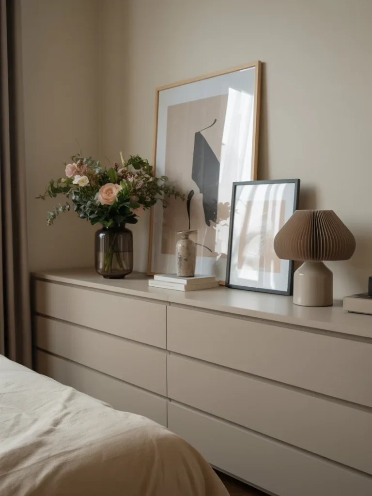 Minimalist bedroom dresser decorated with framed art, books, flowers, and a modern table lamp.