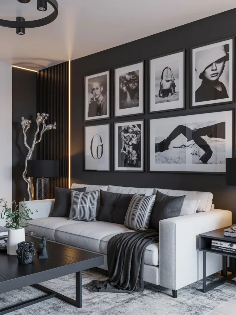Modern black and grey living room with a white sofa, black-and-white gallery wall, and sleek monochrome decor.