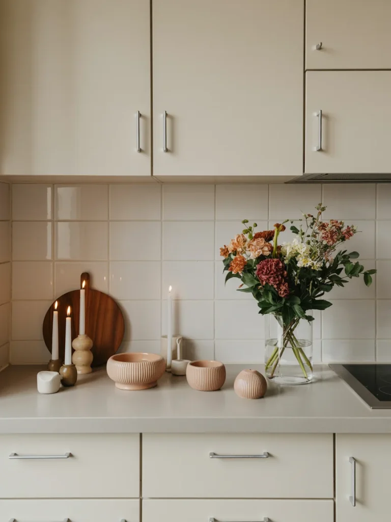 Minimalist kitchen countertop with candles, ceramic bowls, and a vase of colorful flowers creating a warm, decorative touch.