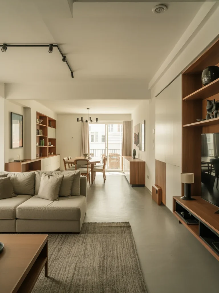 Open concept living and dining room with neutral beige furniture and wooden accents, arranged for functional space division.