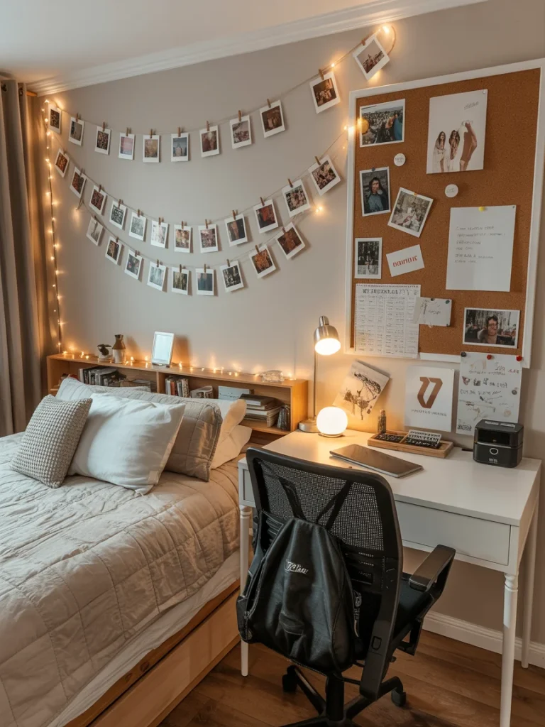 Cozy student bedroom with string lights and a creative photo wall displaying Polaroid pictures and a corkboard filled with memories.