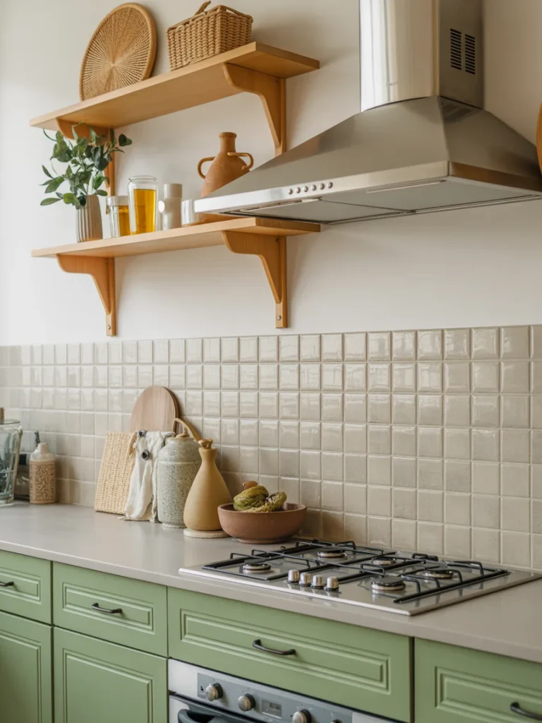 Earthy kitchen with sage green cabinets, beige square tile backsplash, wooden open shelves, and natural ceramic decor.