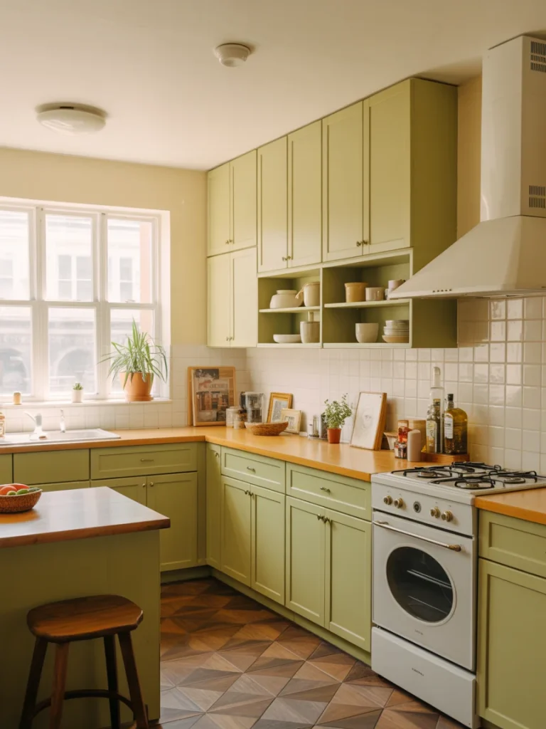 Earthy kitchen with sage green cabinets, wooden countertops, white backsplash tiles, and patterned wood flooring.