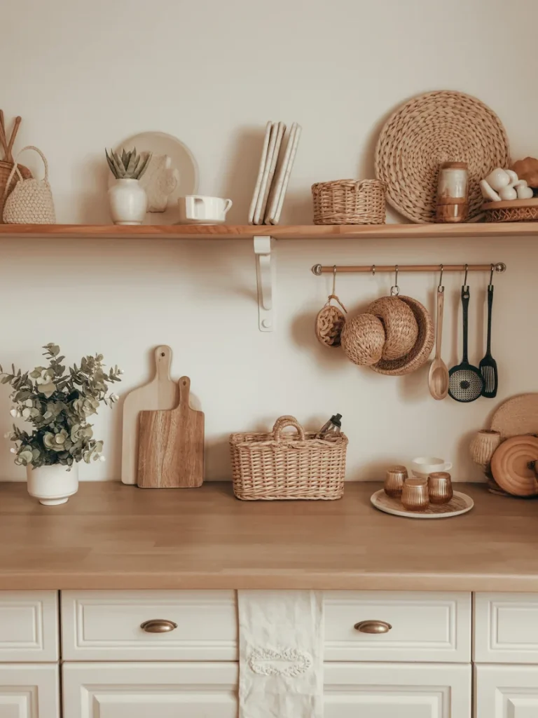 Earthy kitchen decor with woven baskets, wooden cutting boards, and natural accessories on open shelves.