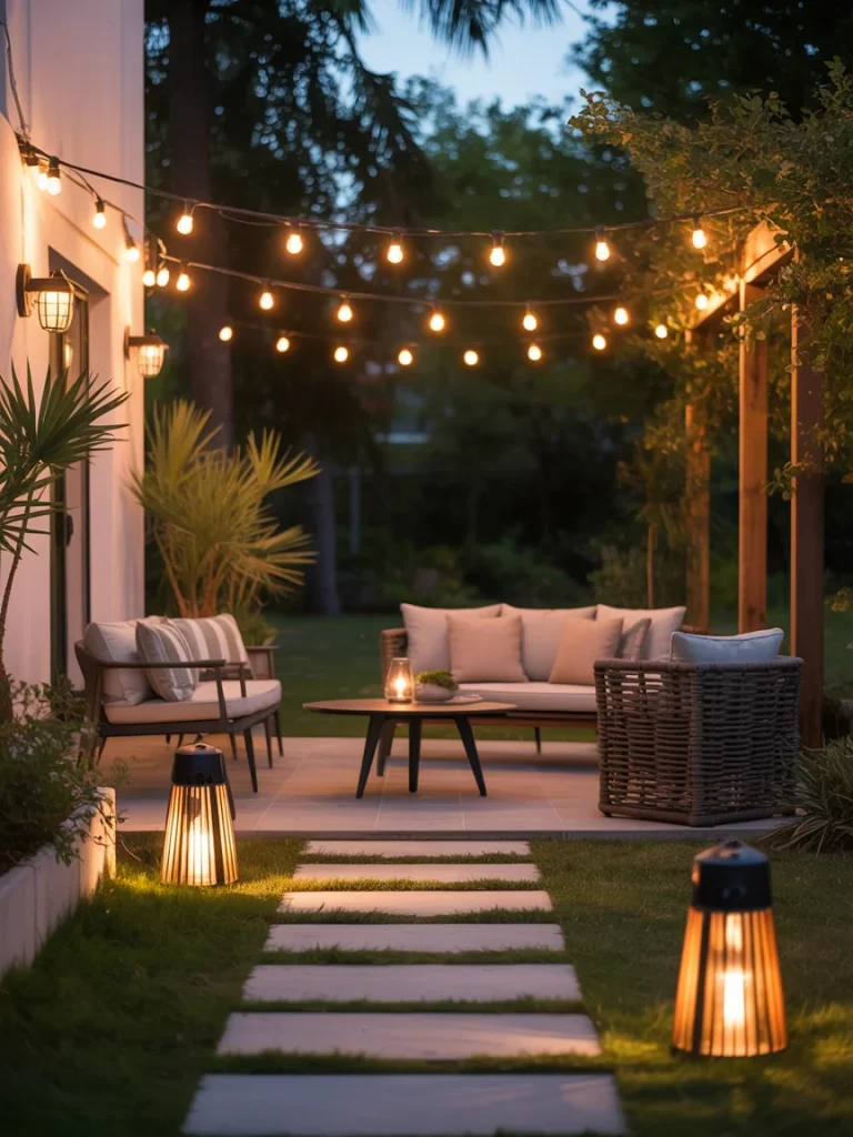 Cozy outdoor patio with string lights, glowing lanterns, and soft seating creating a warm, private evening atmosphere.