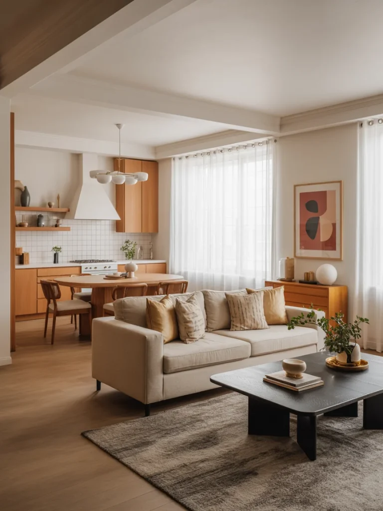 Modern open concept living room and kitchen with cohesive neutral decor, soft lighting, and minimalist furniture.