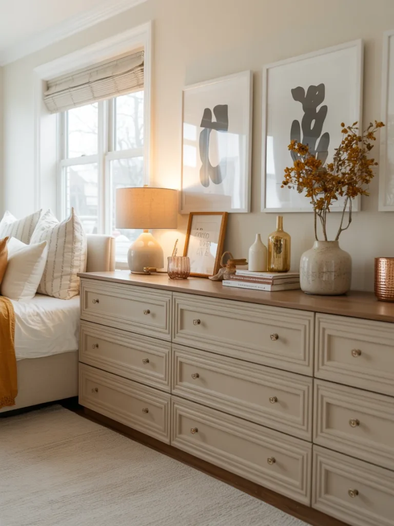 Elegant built-in dresser styled with neutral decor, framed art, a lamp, and fall-inspired accents.