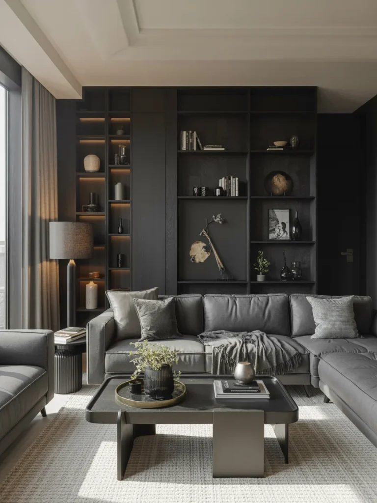 Sophisticated black and grey living room with built-in shelving, modern furniture, and layered textures for a cohesive design.