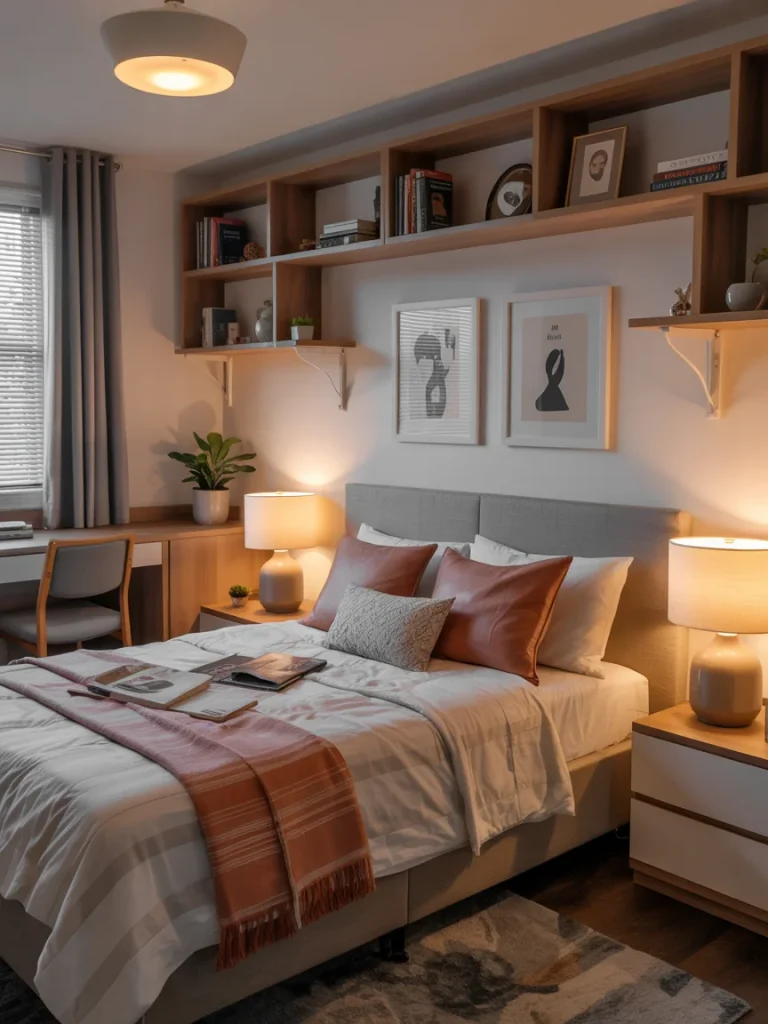 Warm and inviting student bedroom with cozy lighting, layered bedding, and personalized decor creating a homely atmosphere.