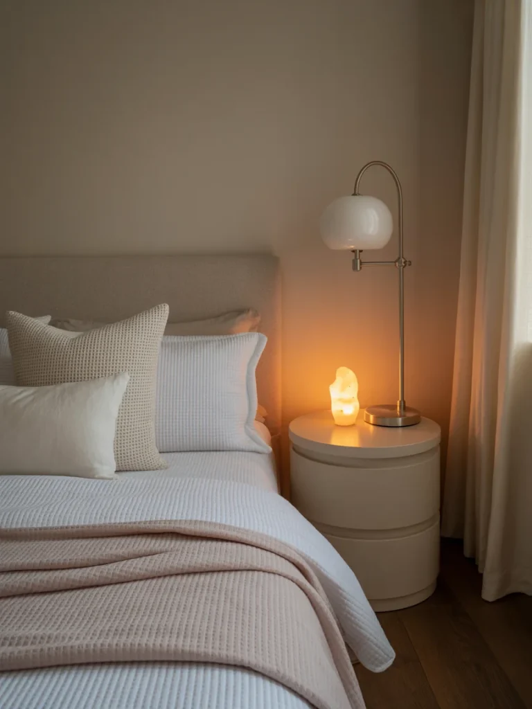 Minimalist cozy bedroom corner with soft lighting, neutral bedding, and a glowing bedside lamp creating a calm, relaxing retreat.