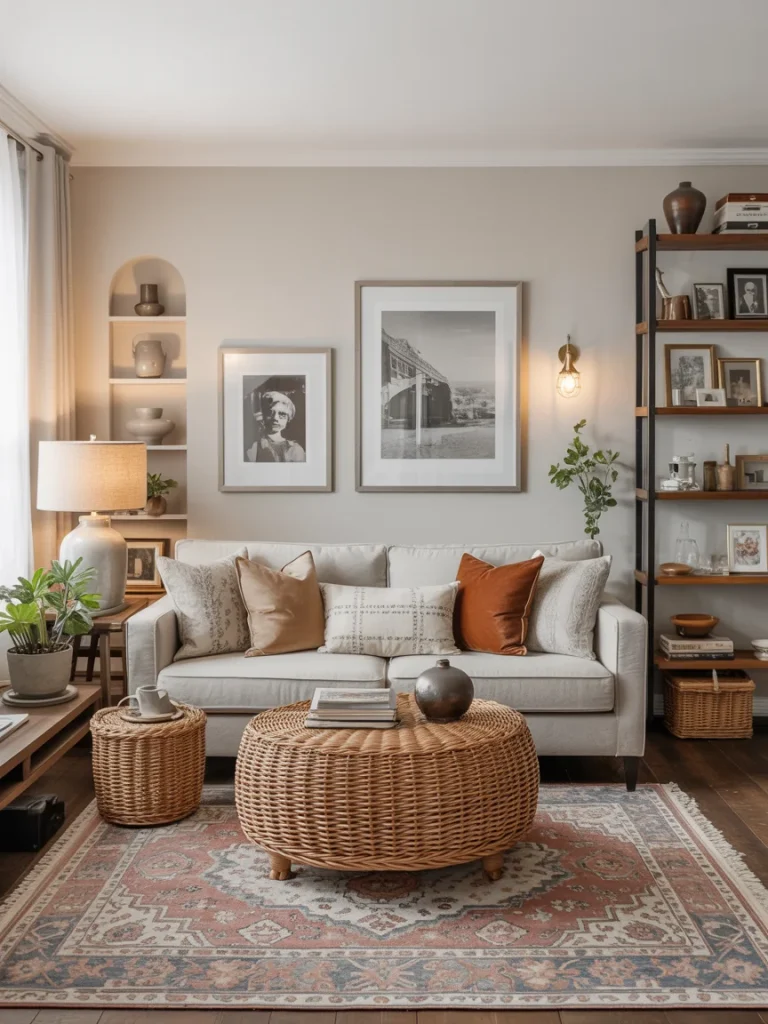Warm, inviting living room with neutral tones, wicker furniture, and layered decor for a polished, cozy finish.