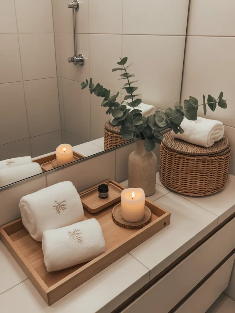 Bathroom vanity with rolled white towels, candle, eucalyptus vase, and wicker basket for a cozy spa-like touch.