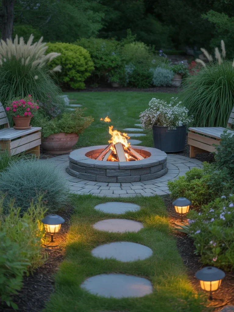 Fire pit surrounded by lush landscaping and garden pathway lights in a cozy backyard setting.