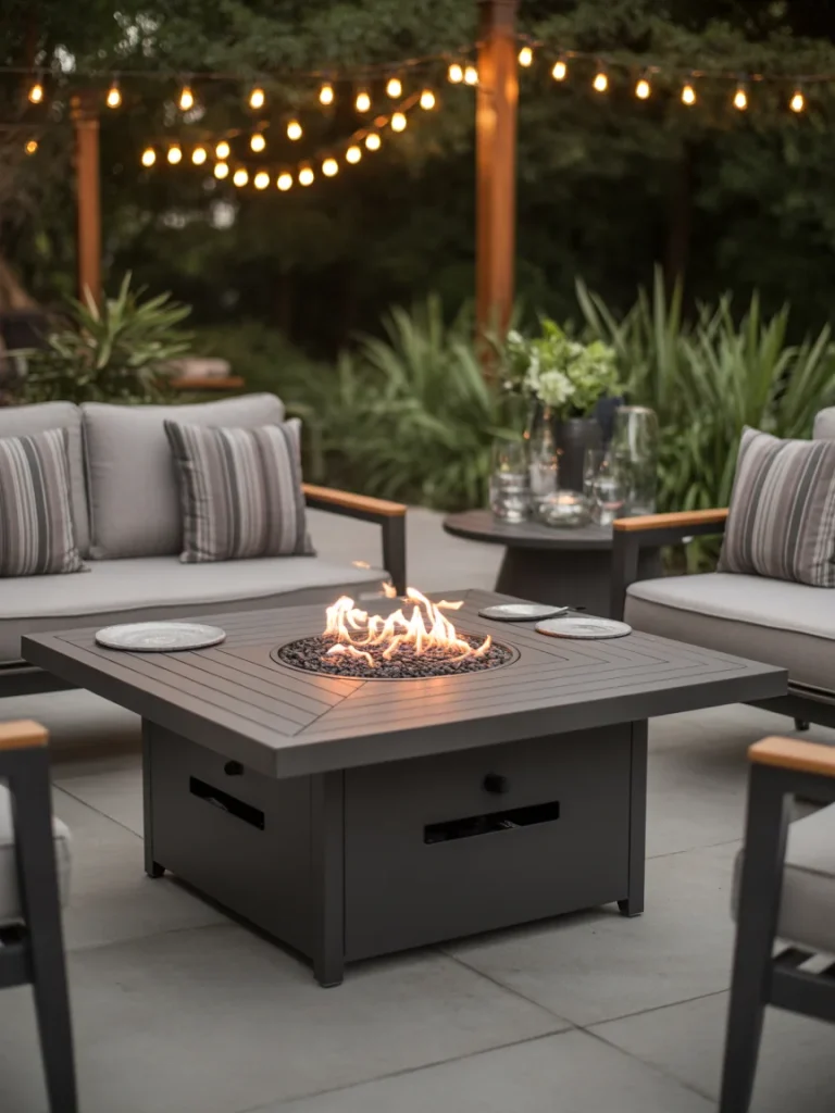 Square fire pit table with modern seating and string lights creating a cozy outdoor entertaining space.