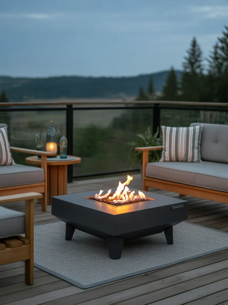 Fire pit on a deck surrounded by cushioned wooden chairs with mountain views in the background.