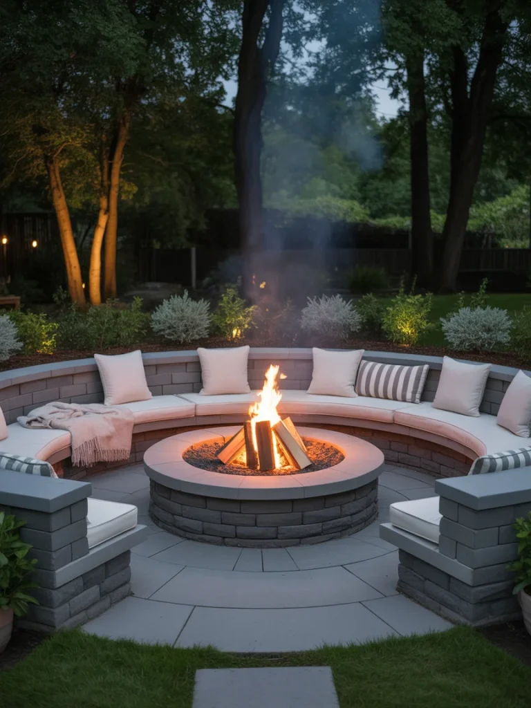 Circular stone fire pit with built-in curved seating surrounded by cushions in a cozy backyard setting.