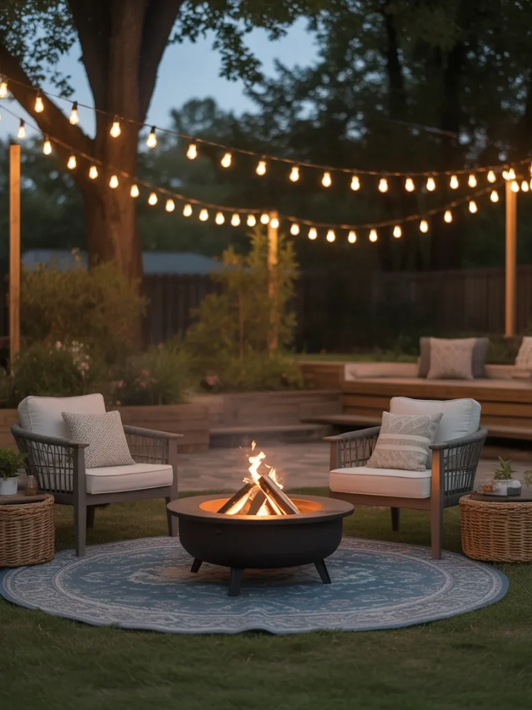 Cozy backyard fire pit with string lights overhead and cushioned outdoor seating on a round rug.