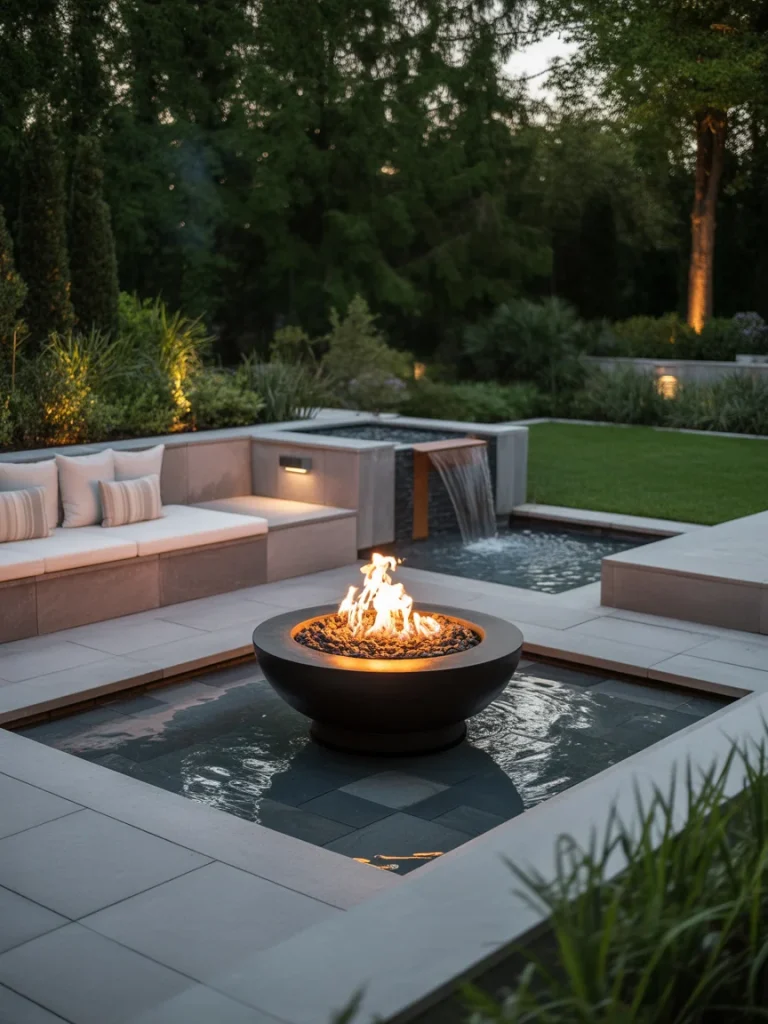 Modern backyard fire pit with water feature surrounded by built-in seating and lush greenery.