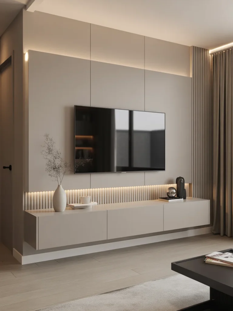 Modern floating TV wall unit with built-in LED lighting, minimalist decor, and sleek cabinetry.