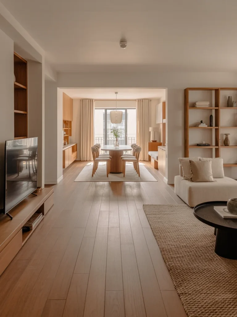 Open concept living and dining room with seamless wood flooring, creating natural flow and continuity between spaces.