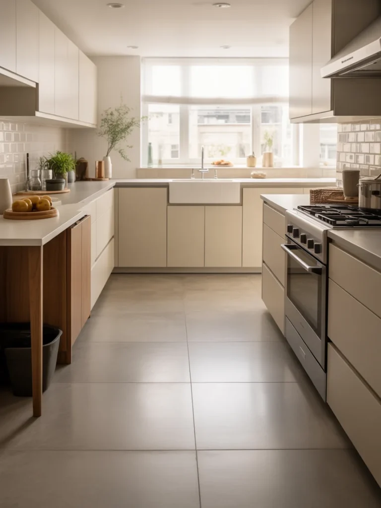 Contemporary kitchen with large neutral floor tiles, sleek cabinetry, and a farmhouse-style sink.