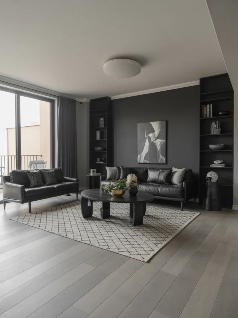 Modern black and grey living room with light wood flooring and a patterned rug creating contrast.